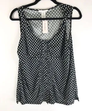 Dressbarn Womens Tank Top Blouse Button Front Polka Dot Scoop Neck Black White L thumbnail 1