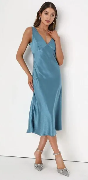 NEW Lulus Incredible Love Slate Blue Satin Cowl Back Midi Slip Dress Formal M thumbnail 8