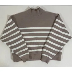 CALIA Womens M Taupe White Striped Mock Neck Cropped Pullover Sweatshirt thumbnail 3