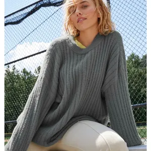 Aerie American Eagle Oversized Soft Crewneck Sweater Size S Green Ribbed Knit thumbnail 1