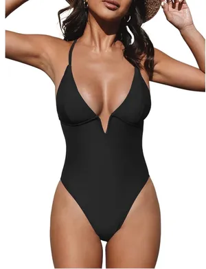 Cupshe Womens Black Deep V-Neck High‎ Cut One Piece Swimsuit CAA12E2F006AA Large thumbnail 1