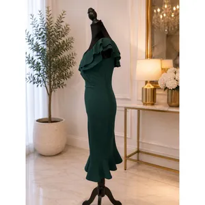 Quiz Emerald Green Off Shoulder Ruffle Mermaid Midi Dress Women's US 6 thumbnail 3