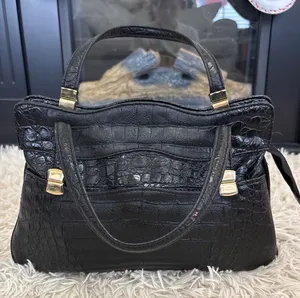 Vintage Black Embossed‎ Crocodile Texture Top Handle Handbag Gold Hardware Women thumbnail 1