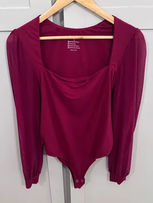 PinkmStyle Wine Red Mesh Long Sleeve Square Neck Bodysuit Size L thumbnail 1