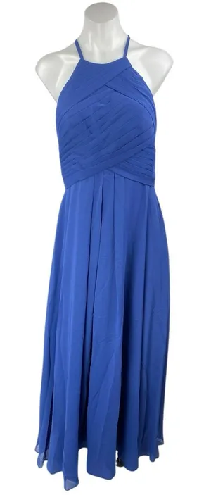 JJ's House Blue Sleeveless Pleated Halter Cami Maxi Bridesmaid A-Line Dress Sz S thumbnail 1