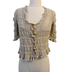 Natural Life Cardigan S Cottagecore Ruffle Pointelle Knit Cropped Peasant Hippie thumbnail 3