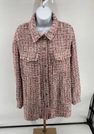 Avec Les Filles Pink Tweed Jacket Long Sleeve Button Front Womens Size L thumbnail 1