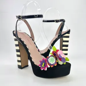 Betsey Johnson Carra Platform Heels Size 9 Black Floral Striped Cocktail Sandals thumbnail 7