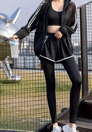 Two Pieces Set Tracksuit Bomber Jacket Sport Set Leggings Shorts Activewear Mesh thumbnail 1