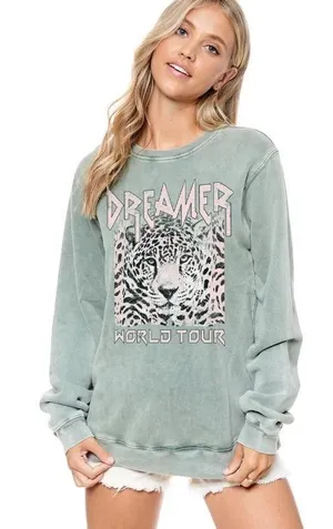 Sage Green 'Dreamer' Leopard Graphic Crewneck Sweater thumbnail 1