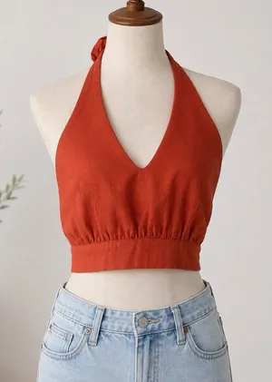 Meshki Women’s Linen Halter Top Crop Rust Orange Small Tie Back Adjustable New thumbnail 1