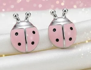 Pink Ladybug Stud Earrings - Cute Silver-Tone Girls Jewelry thumbnail 1