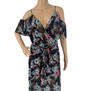 Ann Taylor Loft Floral Cold Shoulder Maxi Dress Navy Blue‎ Large Wrap Tie Waist thumbnail 5