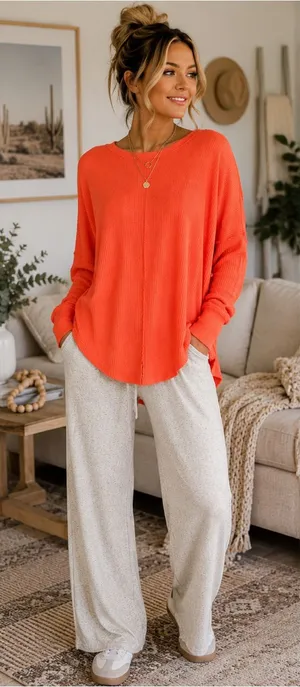 Free People We The Free Bright Orange Waffle Knit Thermal Pullover Top Sz Small thumbnail 1