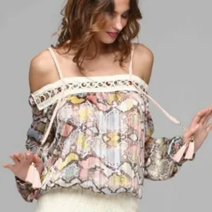 Casting France off the shoulder long sleeve snake print shimmer sheer blouse M thumbnail 1