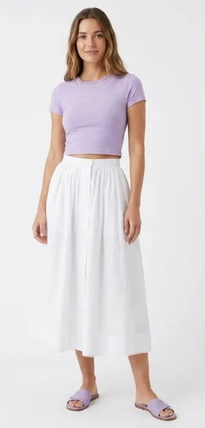 Zara White 100% Cotton Button-Front Midi Skirt with Eyelet Lace Trim - Size S thumbnail 1