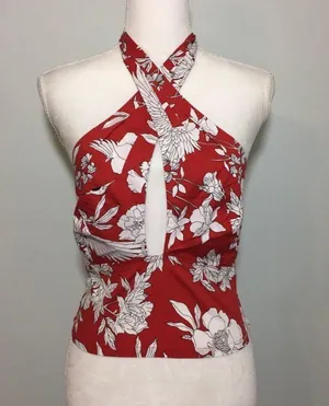 Express NWOT Red White Floral Smocked Halter Top thumbnail 1