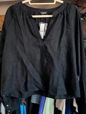 J.Crew black 100% linen Cabana top Open Placket V-neck Peasant thumbnail 1