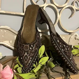 Qupid Pointed Toe Beaded Slip On Brown Shoes Kitten Heel Aztec Western Womens 7 thumbnail 4
