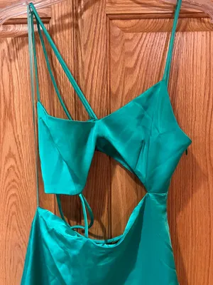 ZARA Asymmetric Cut Out‎ Satin Effect Midi Dress Side Slit Emerald Green Size XS thumbnail 13