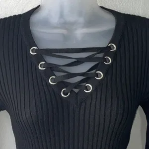 MAZE Lace Up Sweater Size Medium Black Ribbed Knit Office Siren Dark Romantic thumbnail 3