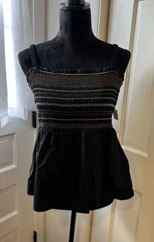 Old Navy Smocked Babydoll Tank Top Large Black/Brown Cotton Boho Festival NEW thumbnail 1