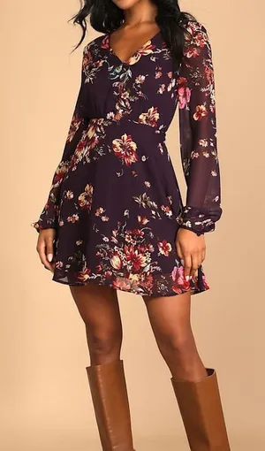 Lulus Always Yours Plum Purple Floral Print Long Sleeve Skater Dress Size L thumbnail 1