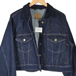 American Eagle‎ Womens Denim Jacket Dark Wash Corduroy Collar Cropped Size L thumbnail 3