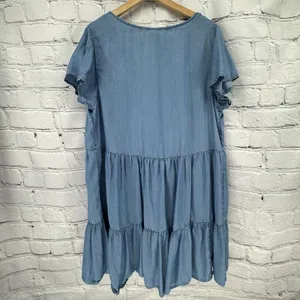 True Craft Dress 2X Plus Blue Denim Chambray Short Sleeve Tiered Swing thumbnail 3