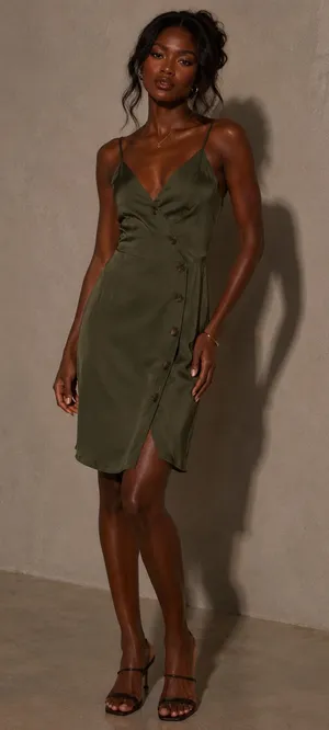Olive green satin mini dress with button detail thumbnail 1
