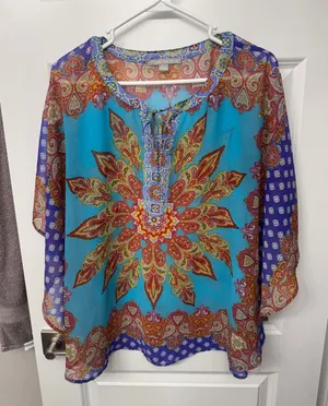 Valerie Stevens Turquoise Paisley Medallion Sheer Blouse with Purple Accents thumbnail 1