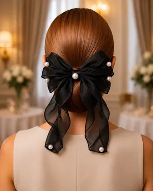 Black Sheer Bow Barrette with Pearl Accents thumbnail 2