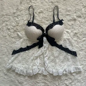 Linea Donatella Babydoll Chemise Lingerie Sleepwear Top Sheer Lace White Sz L thumbnail 1