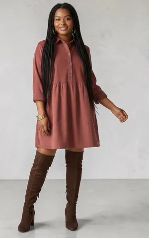 Nine West Rust Brown Button-Front Long Sleeve Shirt Dress thumbnail 1