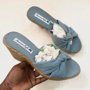 Y2K blue jean denim fabric chunky platform wedge sandals open toe heels brown espadrilles front tie knot - Size 8 #indie #hippie #hobo #boho #festival retro thumbnail 1