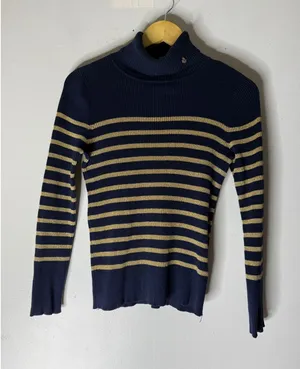 RALPH‎ LAUREN Navy Blue Gold Metallic Stripe Cotton Blend Logo Ribbed Sweater S thumbnail 1