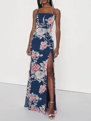 Lulu's Navy Floral Spaghetti-Strap Maxi Dress thumbnail 3