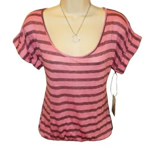 Love j Pink Striped Open Back Lace Backless Cut-Out Scoop Neck Short Sleeve Burnout Tee thumbnail 4