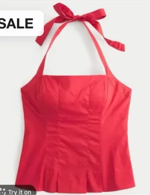 Hollister Cherry Red Pleated Halter Top thumbnail 1