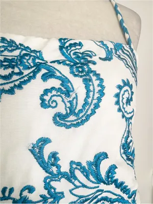 Alice + Olivia Khira Embroidered Mini Dress Bow Back Ivory Turquoise Size 8 Flaw thumbnail 10