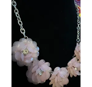 Elegant Pastel Pink Floral Blossom Crystal Statement Necklace silver Adjustable thumbnail 6