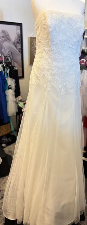 Strapless Lace Applique Tulle Wedding Gown Extra Length Ivory White thumbnail 1