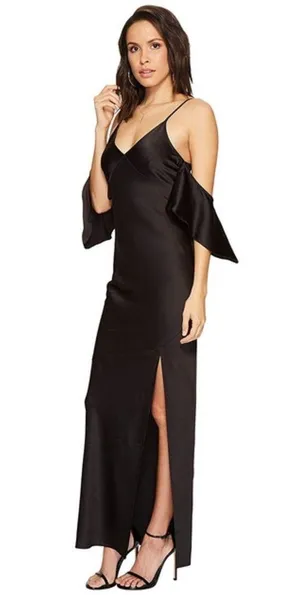 ASTR THE LABEL Kendra Cold Shoulder Satin Maxi Dress, Black, Medium thumbnail 2