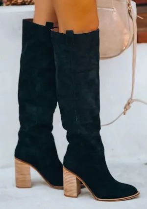 Women’s Black Suede Knee-High Block Heel Boots thumbnail 1