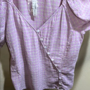 NWT Madewell small Linen-Blend Puff-Sleeve Button-Wrap Top in Plaid thumbnail 3