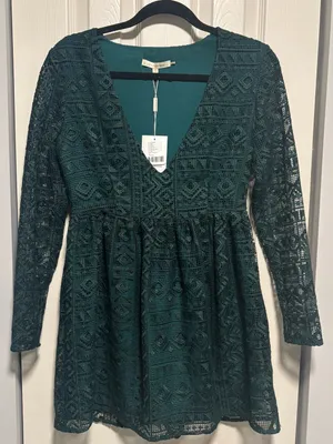 NWT Urban Outfitters Little White Lies Green Lace V-Neck Babydoll Mini Dress thumbnail 2
