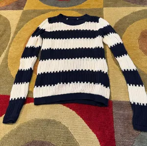 LOFT Navy Cream Striped Crewneck Sweater Open Knit 100% Cotton Women’s Size XS thumbnail 1