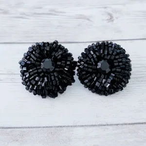Vintage Clip On Earrings Large Black 1.25" Beaded Circle - One Damaged thumbnail 2