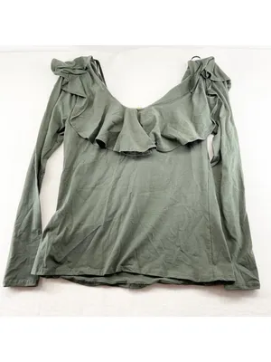 Anthropologie falisi ruffled top blouse cotton green off shoulder SZ L bust 32 thumbnail 6
