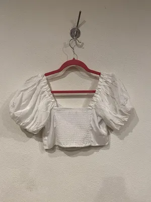 Abercrombie & Fitch Blouse Womens Small White Puff Sleeve Peasant Cropped Top thumbnail 5